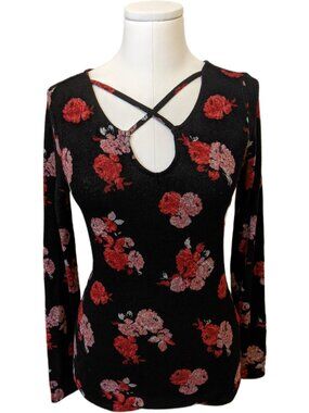 Soft Knit Floral Top Criss Cross Strappy Keyhole Neckline Red Roses Shirt Goth